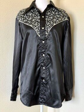 Vintage 1970s MWG Johnny West Black Satin Western Shirt With Pearl Snap Buttons